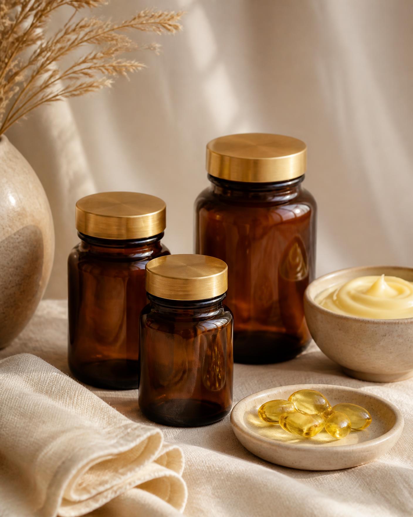 Amber glass supplement jars, golden capsules and a bowl of custard on cream linen